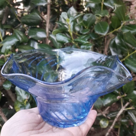 Murano Glass Art Bowl Bubbles Swirls of Blue Glass Clear Signed by Artist italy - Picture 7 of 16